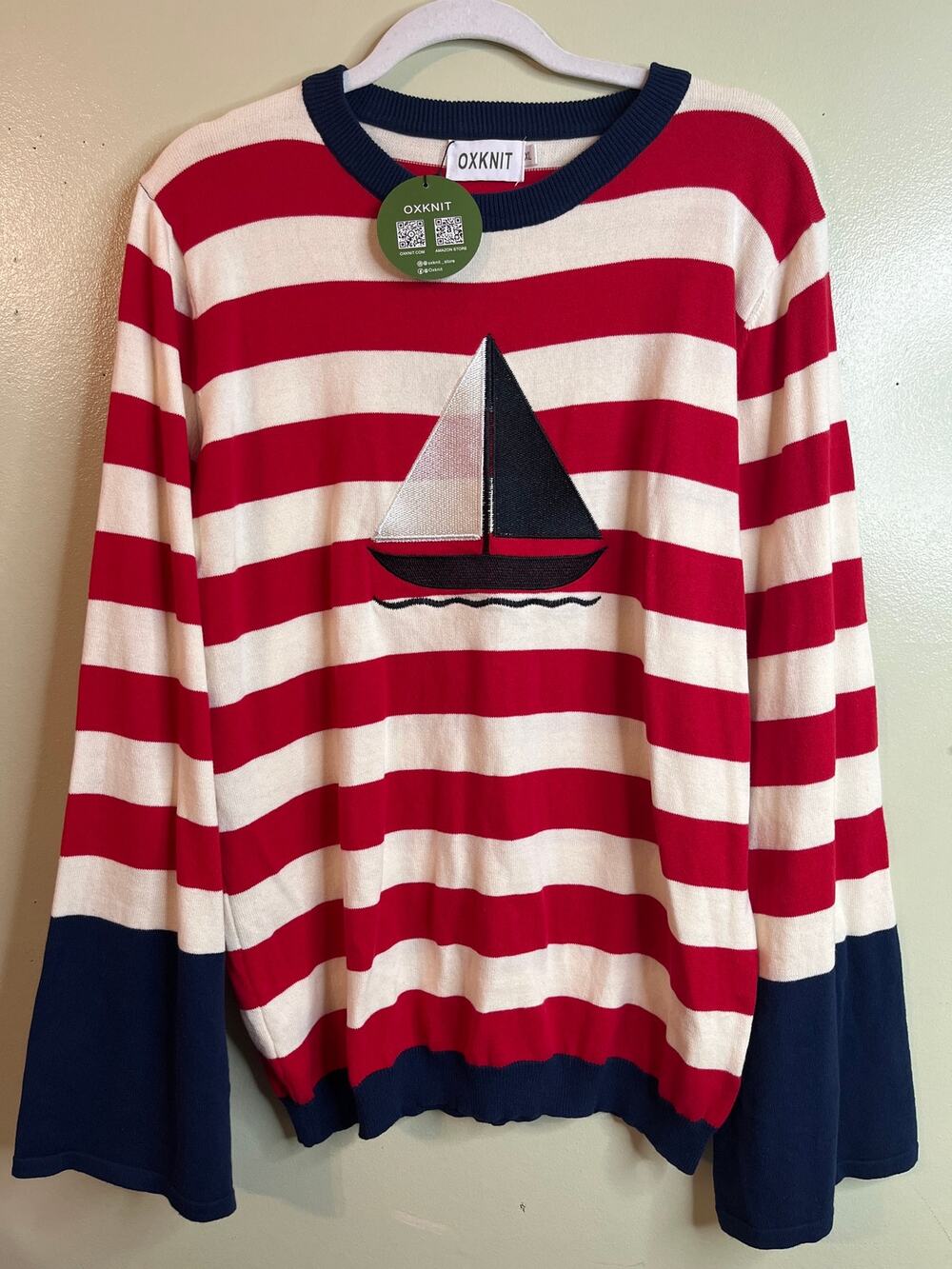 NWT OXKNIT Red White Striped Sweater Sailboat Navy Bell Cuff Knit Crewneck XL